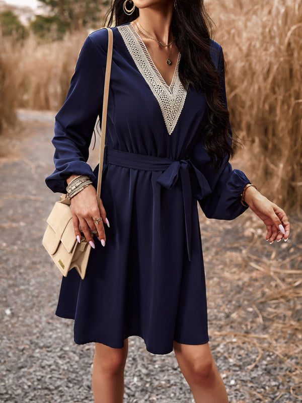 Elegant V-Neck Long-Sleeve Dress – Lightweight Polyester, Graceful Fit