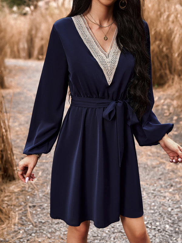 Elegant V-Neck Long-Sleeve Dress – Lightweight Polyester, Graceful Fit
