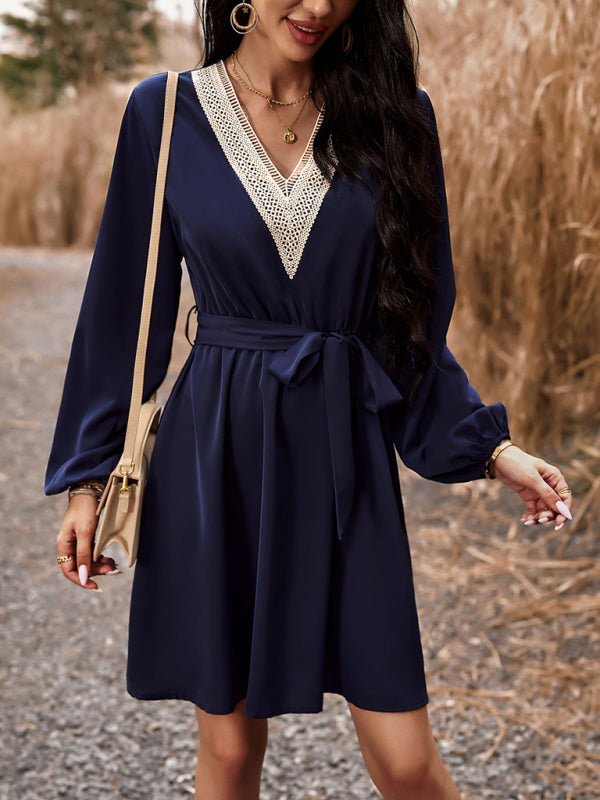 Elegant V-Neck Long-Sleeve Dress – Lightweight Polyester, Graceful Fit