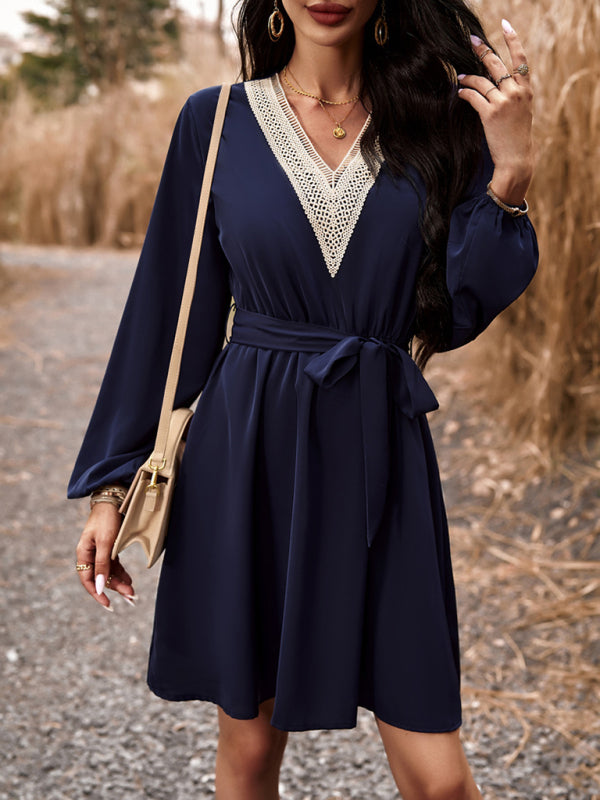 Elegant V-Neck Long-Sleeve Dress – Lightweight Polyester, Graceful Fit