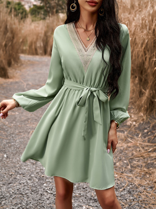 Elegant V-Neck Long-Sleeve Dress – Lightweight Polyester, Graceful Fit