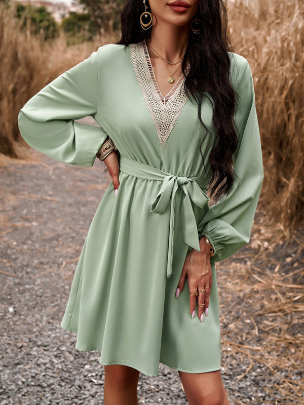 Elegant V-Neck Long-Sleeve Dress – Lightweight Polyester, Graceful Fit