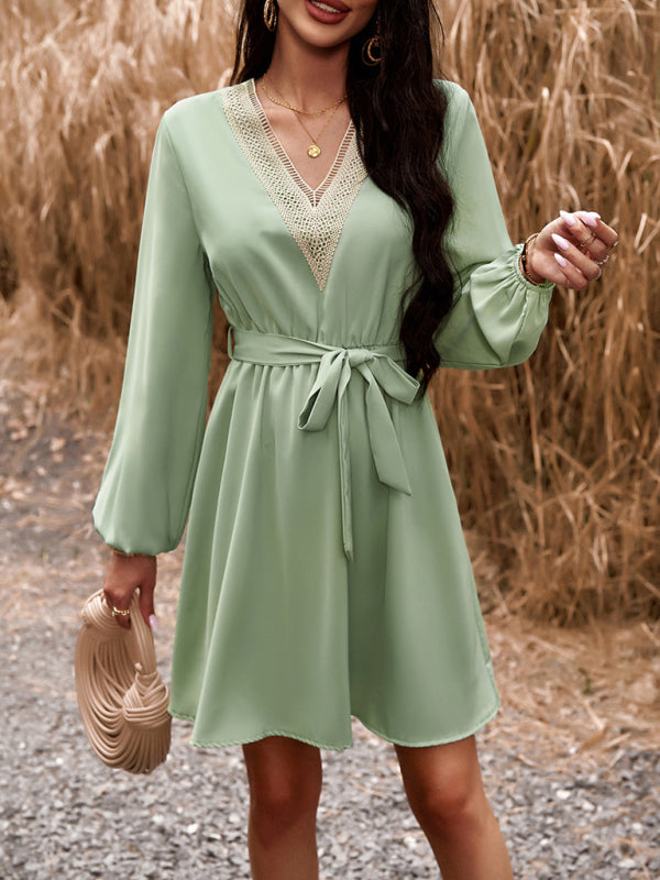 Elegant V-Neck Long-Sleeve Dress – Lightweight Polyester, Graceful Fit