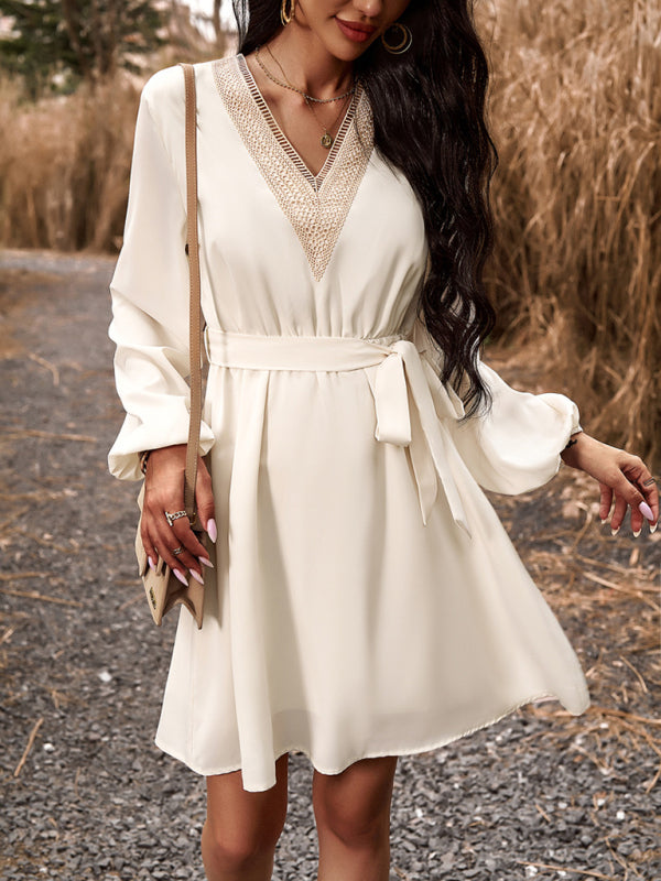 Elegant V-Neck Long-Sleeve Dress – Lightweight Polyester, Graceful Fit