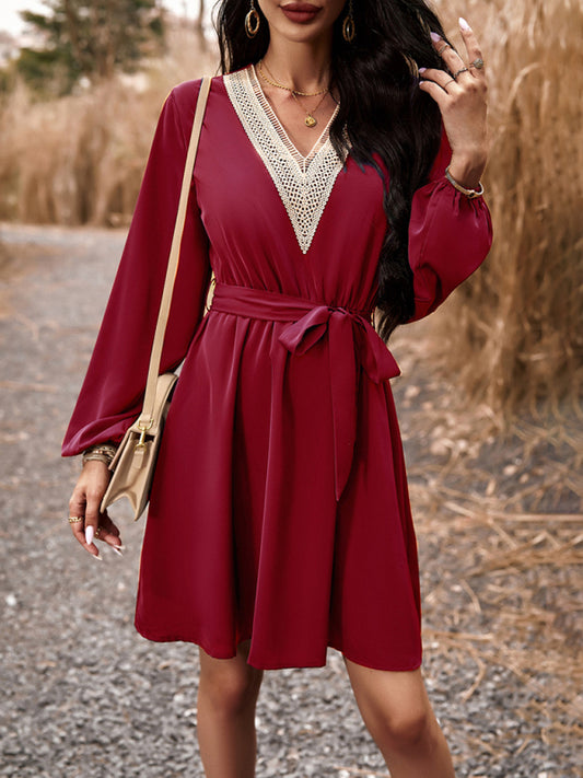 Elegant V-Neck Long-Sleeve Dress – Lightweight Polyester, Graceful Fit