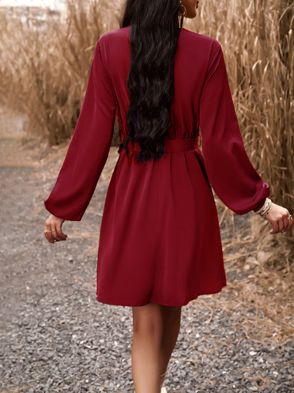 Elegant V-Neck Long-Sleeve Dress – Lightweight Polyester, Graceful Fit