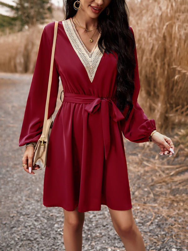 Elegant V-Neck Long-Sleeve Dress – Lightweight Polyester, Graceful Fit