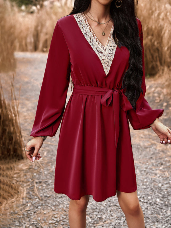 Elegant V-Neck Long-Sleeve Dress – Lightweight Polyester, Graceful Fit