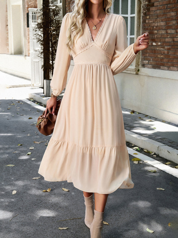 Elegant Lace V-Neck Midi Dress – Self-Patterned Spring Style in Cracker Khaki, Pink & Green