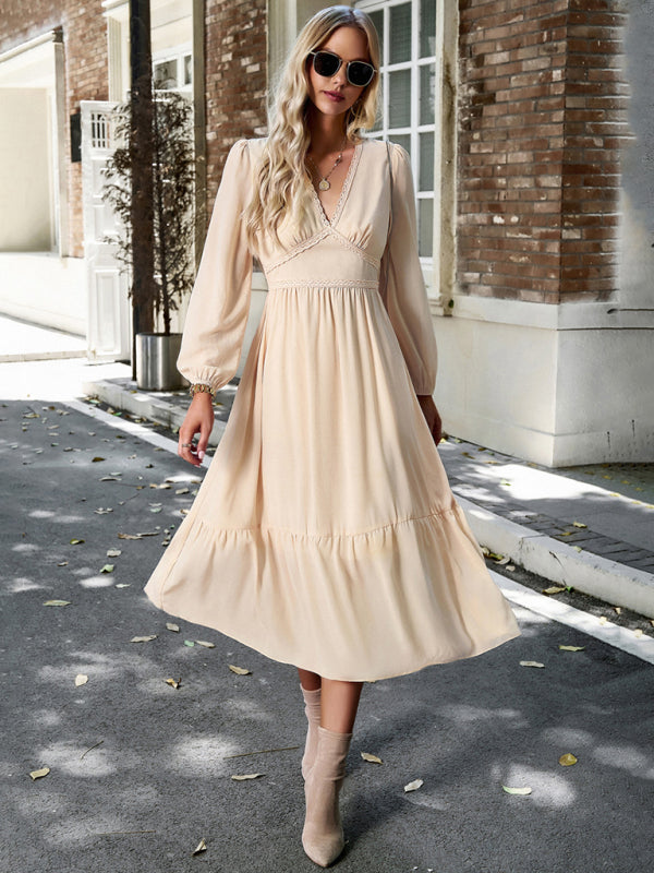 Elegant Lace V-Neck Midi Dress – Self-Patterned Spring Style in Cracker Khaki, Pink & Green
