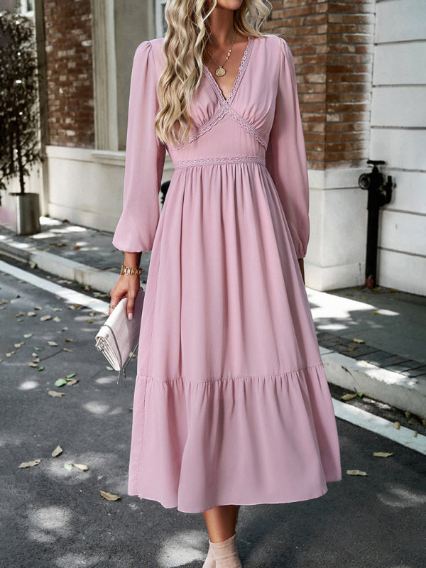Elegant Lace V-Neck Midi Dress – Self-Patterned Spring Style in Cracker Khaki, Pink & Green