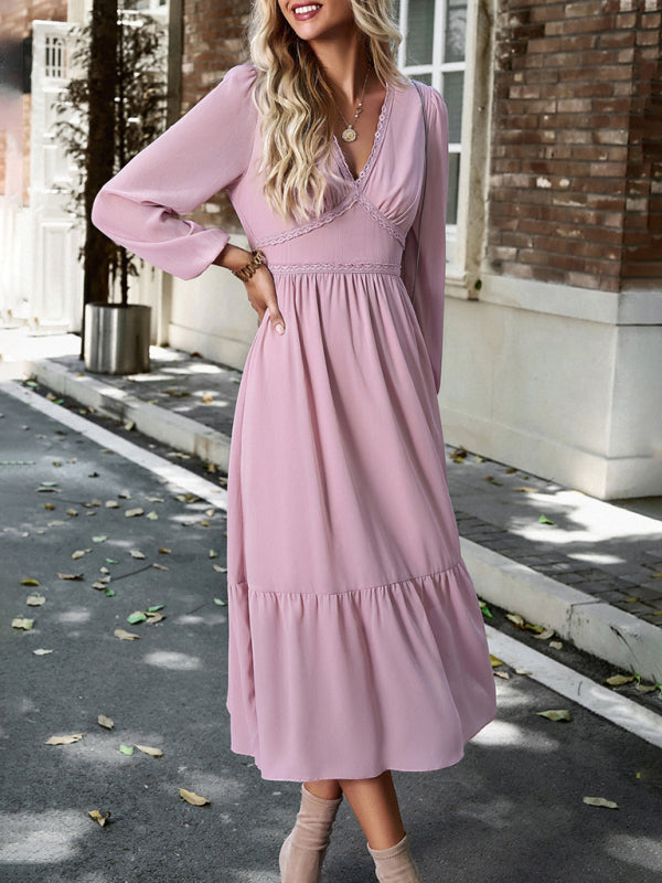 Elegant Lace V-Neck Midi Dress – Self-Patterned Spring Style in Cracker Khaki, Pink & Green