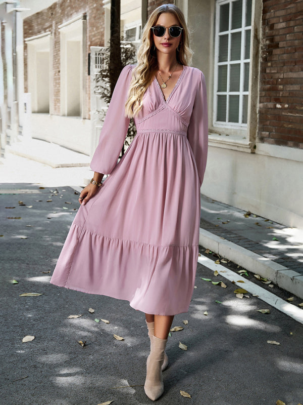 Elegant Lace V-Neck Midi Dress – Self-Patterned Spring Style in Cracker Khaki, Pink & Green