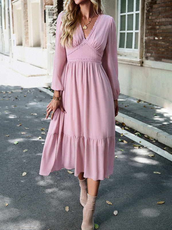 Elegant Lace V-Neck Midi Dress – Self-Patterned Spring Style in Cracker Khaki, Pink & Green