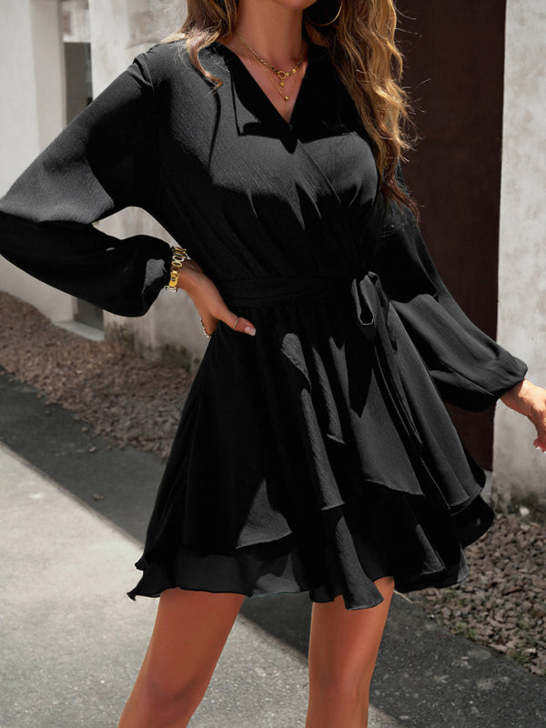 Elegant V-neck Layered Midi Dress - Long Sleeves, Spring-summer Staple