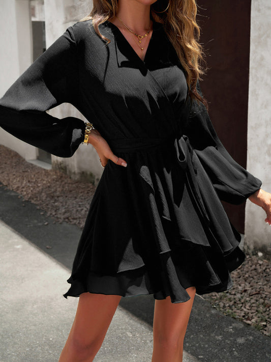 Elegant V-neck Layered Midi Dress - Long Sleeves, Spring-summer Staple