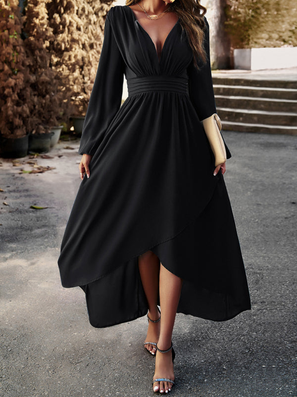 Elegant V-Neck Slim Waist Maxi Dress – Graceful Swing Silhouette