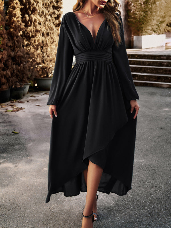 Elegant V-Neck Slim Waist Maxi Dress – Graceful Swing Silhouette