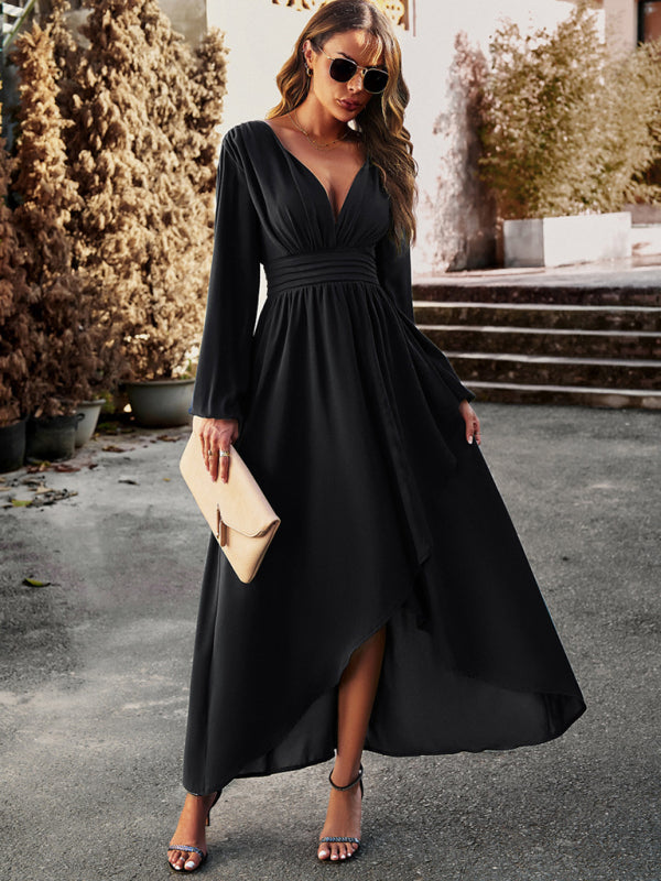 Elegant V-Neck Slim Waist Maxi Dress – Graceful Swing Silhouette