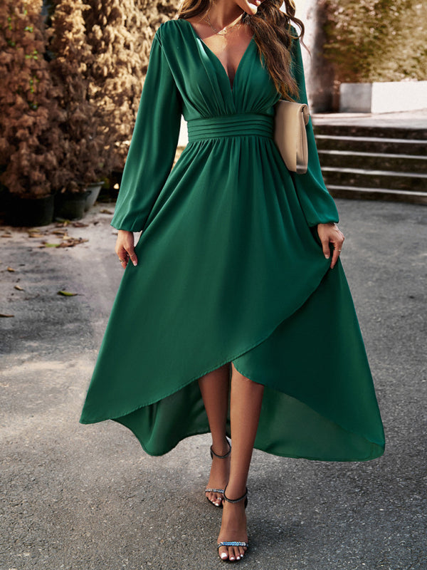Elegant V-Neck Slim Waist Maxi Dress – Graceful Swing Silhouette