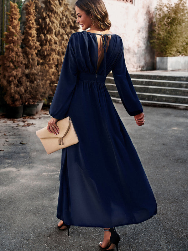 Elegant V-Neck Slim Waist Maxi Dress – Graceful Swing Silhouette