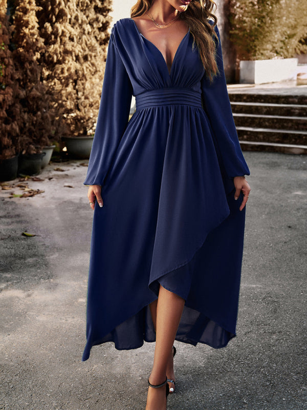 Elegant V-Neck Slim Waist Maxi Dress – Graceful Swing Silhouette