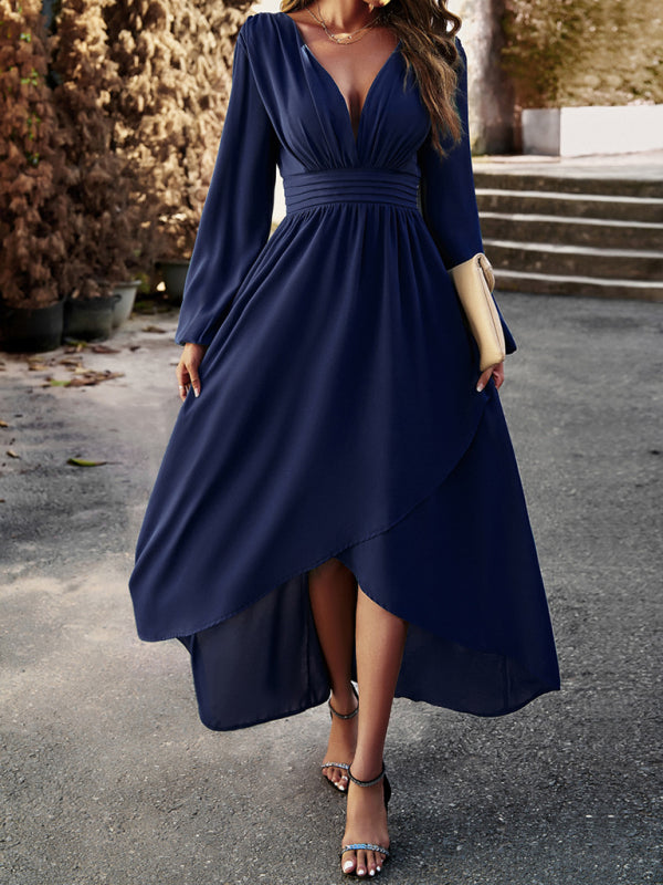 Elegant V-Neck Slim Waist Maxi Dress – Graceful Swing Silhouette