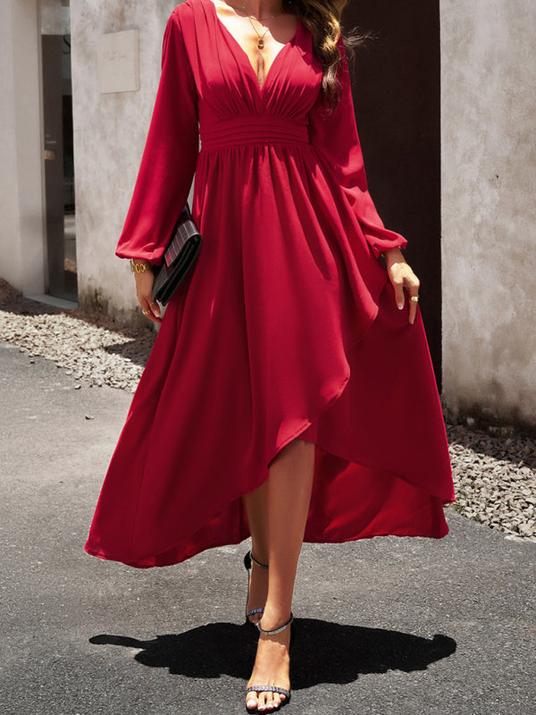 Elegant V-Neck Slim Waist Maxi Dress – Graceful Swing Silhouette