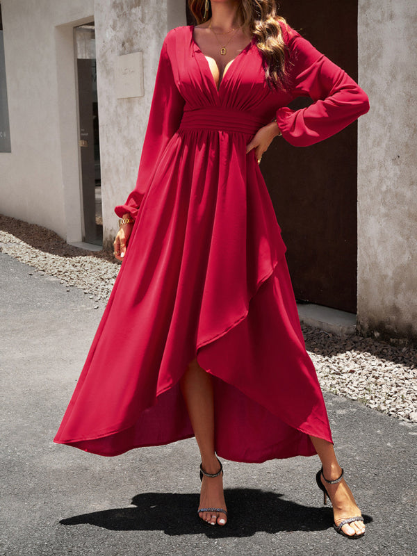 Elegant V-Neck Slim Waist Maxi Dress – Graceful Swing Silhouette