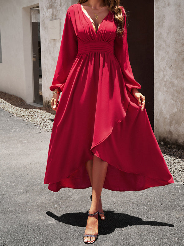 Elegant V-Neck Slim Waist Maxi Dress – Graceful Swing Silhouette