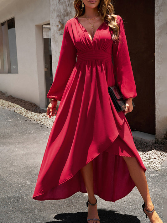 Elegant V-Neck Slim Waist Maxi Dress – Graceful Swing Silhouette