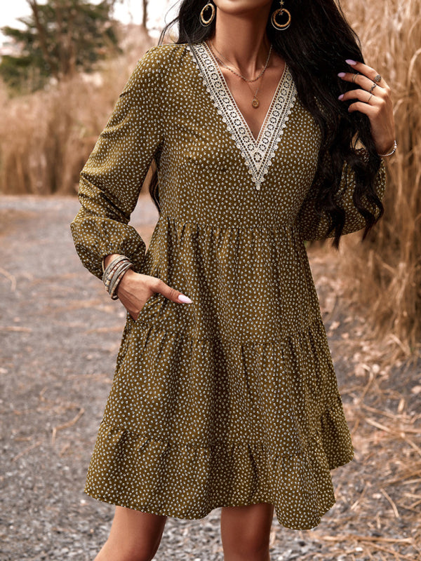 Floral V-Neck Long Sleeve Dress with Slant Pockets – Lightweight & Casual Fit