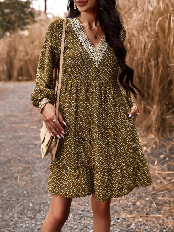 Floral V-Neck Long Sleeve Dress with Slant Pockets – Lightweight & Casual Fit