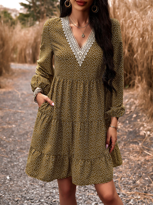 Floral V-Neck Long Sleeve Dress with Slant Pockets – Lightweight & Casual Fit