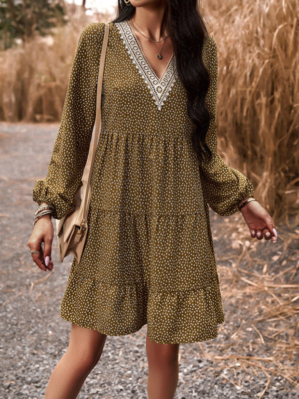 Floral V-Neck Long Sleeve Dress with Slant Pockets – Lightweight & Casual Fit