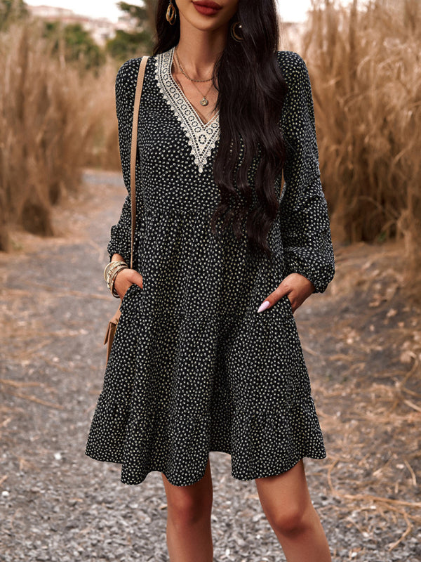 Floral V-Neck Long Sleeve Dress with Slant Pockets – Lightweight & Casual Fit