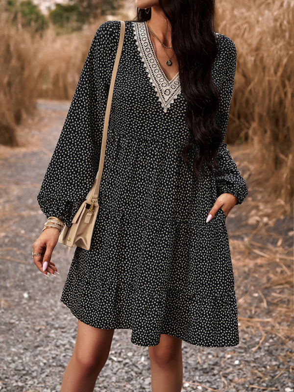 Floral V-Neck Long Sleeve Dress with Slant Pockets – Lightweight & Casual Fit