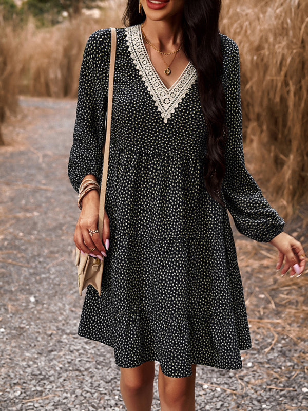 Floral V-Neck Long Sleeve Dress with Slant Pockets – Lightweight & Casual Fit