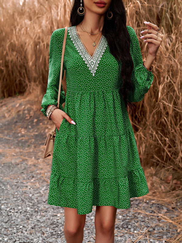 Floral V-Neck Long Sleeve Dress with Slant Pockets – Lightweight & Casual Fit