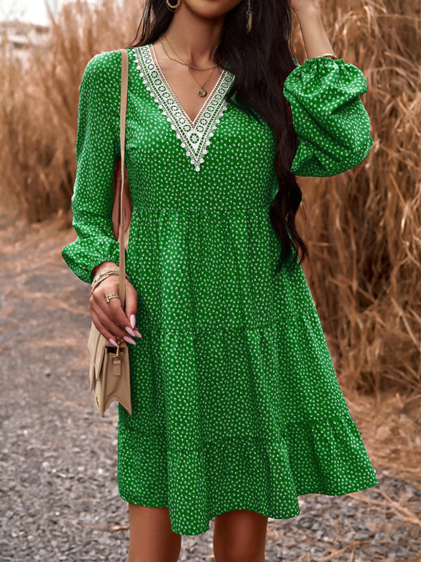 Floral V-Neck Long Sleeve Dress with Slant Pockets – Lightweight & Casual Fit