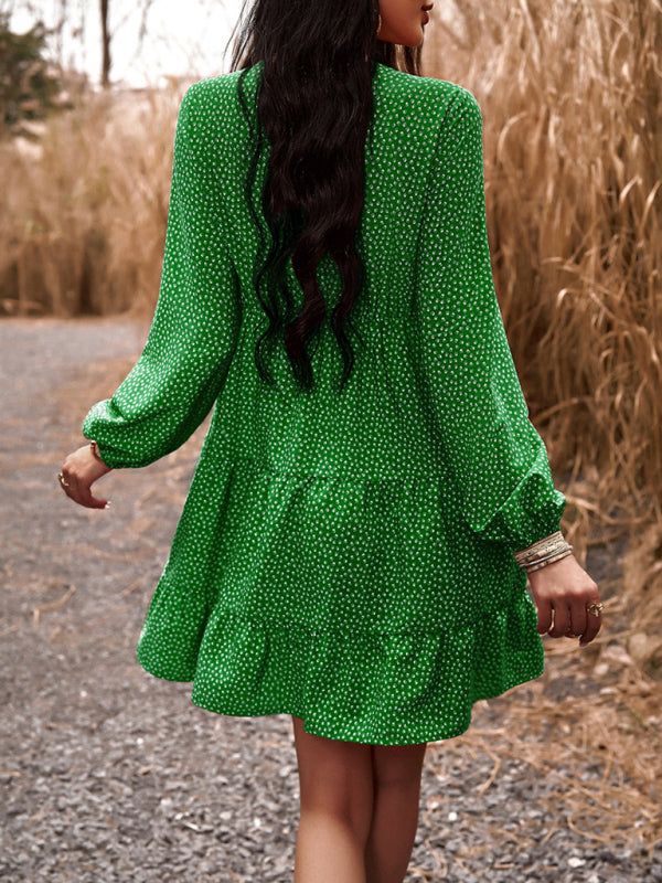 Floral V-Neck Long Sleeve Dress with Slant Pockets – Lightweight & Casual Fit