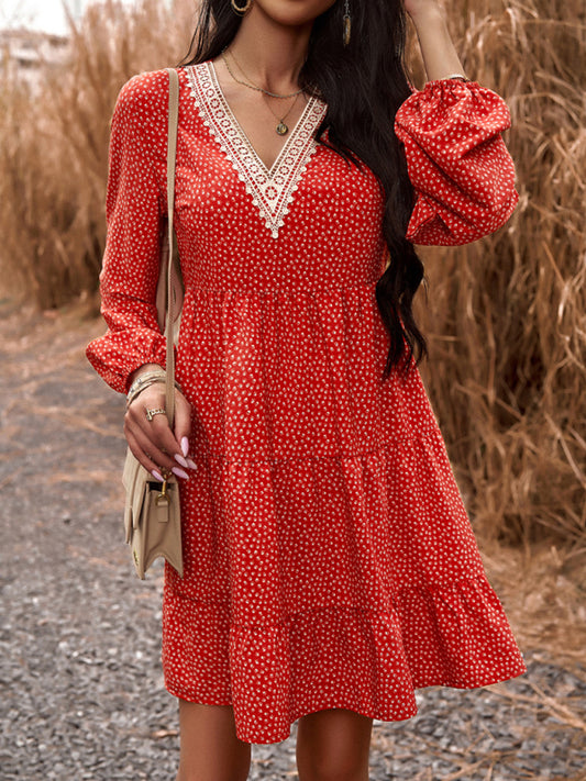 Floral V-Neck Long Sleeve Dress with Slant Pockets – Lightweight & Casual Fit