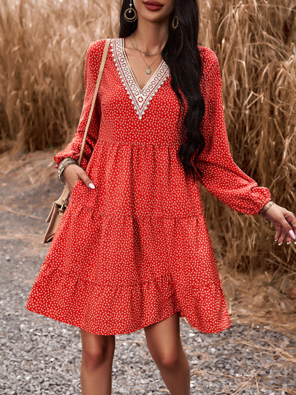 Floral V-Neck Long Sleeve Dress with Slant Pockets – Lightweight & Casual Fit