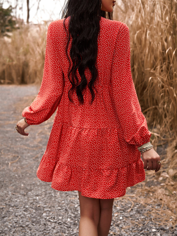 Floral V-Neck Long Sleeve Dress with Slant Pockets – Lightweight & Casual Fit