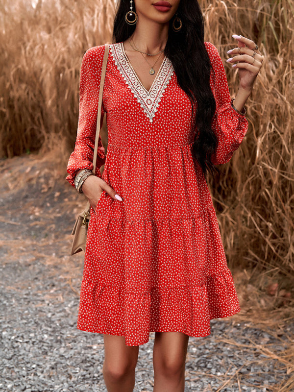 Floral V-Neck Long Sleeve Dress with Slant Pockets – Lightweight & Casual Fit