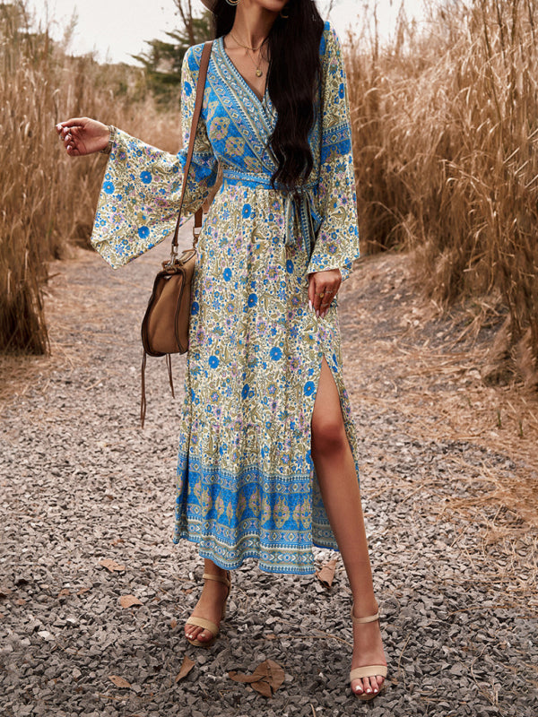 Floral V-Neck A-Line Midi Dress – Light Bohemian Style, Spring-Summer Fit