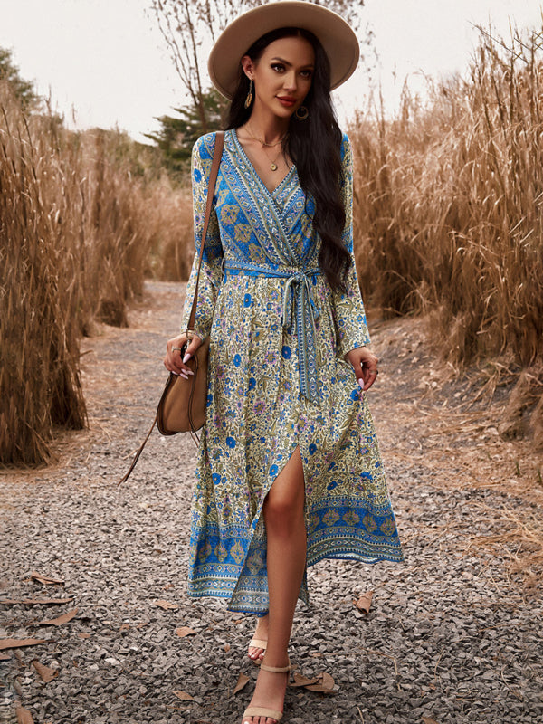 Floral V-Neck A-Line Midi Dress – Light Bohemian Style, Spring-Summer Fit
