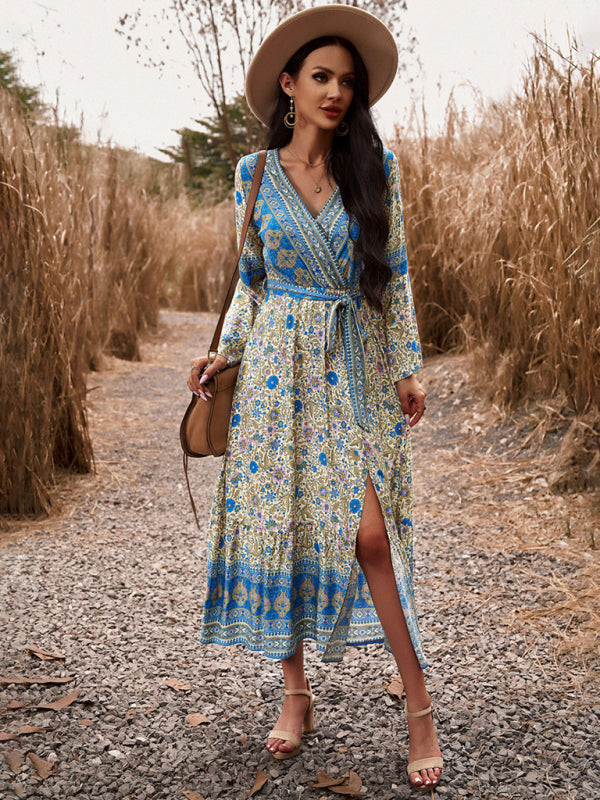 Floral V-Neck A-Line Midi Dress – Light Bohemian Style, Spring-Summer Fit