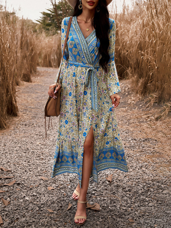 Floral V-Neck A-Line Midi Dress – Light Bohemian Style, Spring-Summer Fit