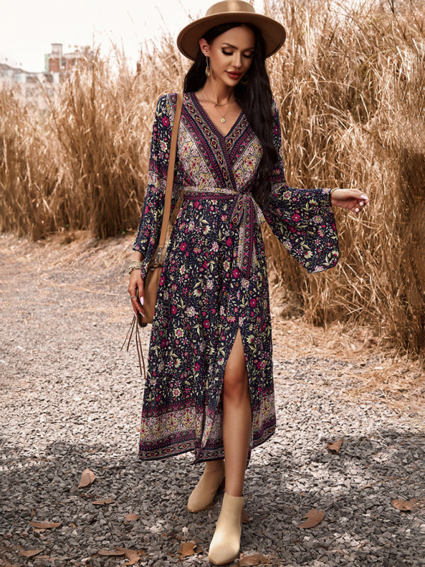 Floral V-Neck A-Line Midi Dress – Light Bohemian Style, Spring-Summer Fit